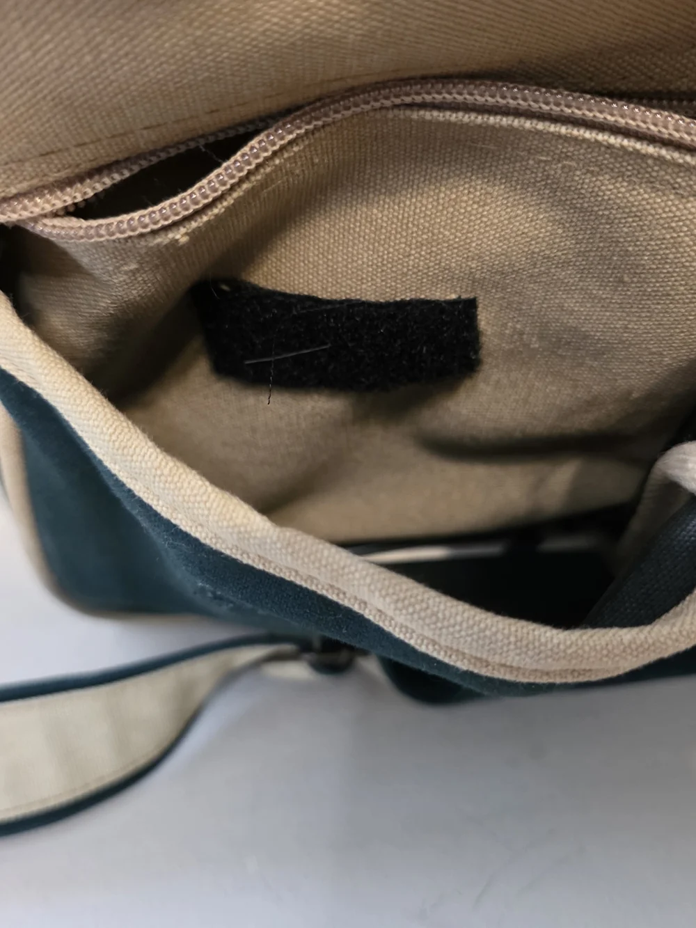 Dark Green Canvas Messenger Bag with Cream Trim